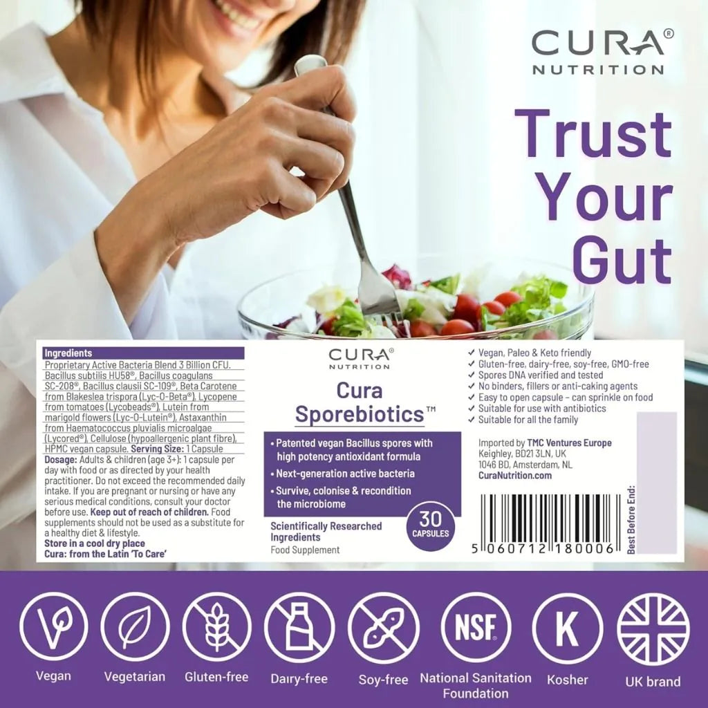 Cura Nutrition Sporebiotics ingredients including Bacillus subtilis HU58 Bacillus coagulans and antioxidants beta carotene lycopene and lutein 