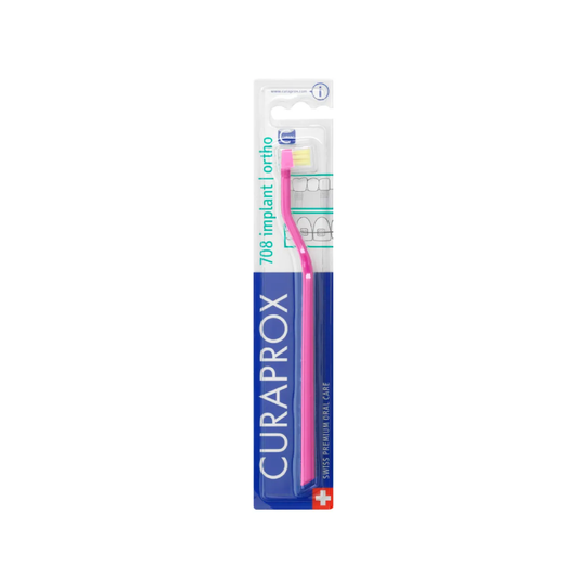 Curaprox CS 708 ortho and implant toothbrush pink with flexible bendable handle and seven-tuft Curen filament head for braces and implants