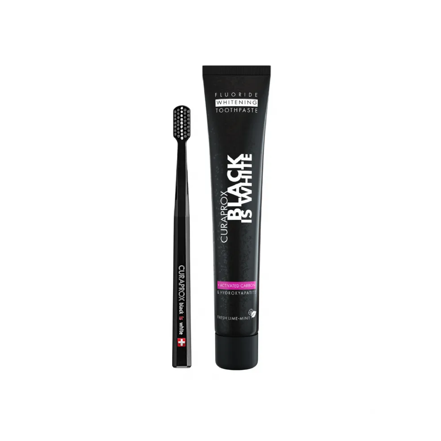 Curaprox Black is White charcoal whitening toothpaste 90ml and toothbrush set for gentle daily stain removal