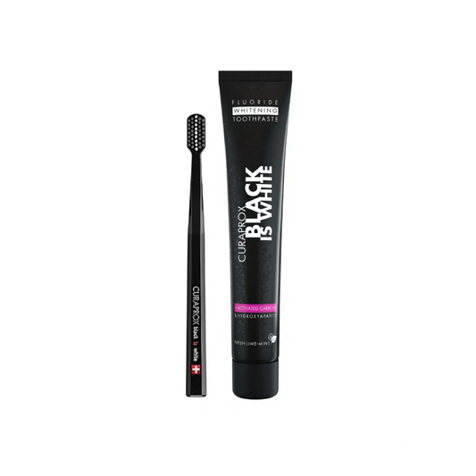 Curaprox Black is White charcoal whitening toothpaste 90ml and toothbrush set for gentle daily stain removal