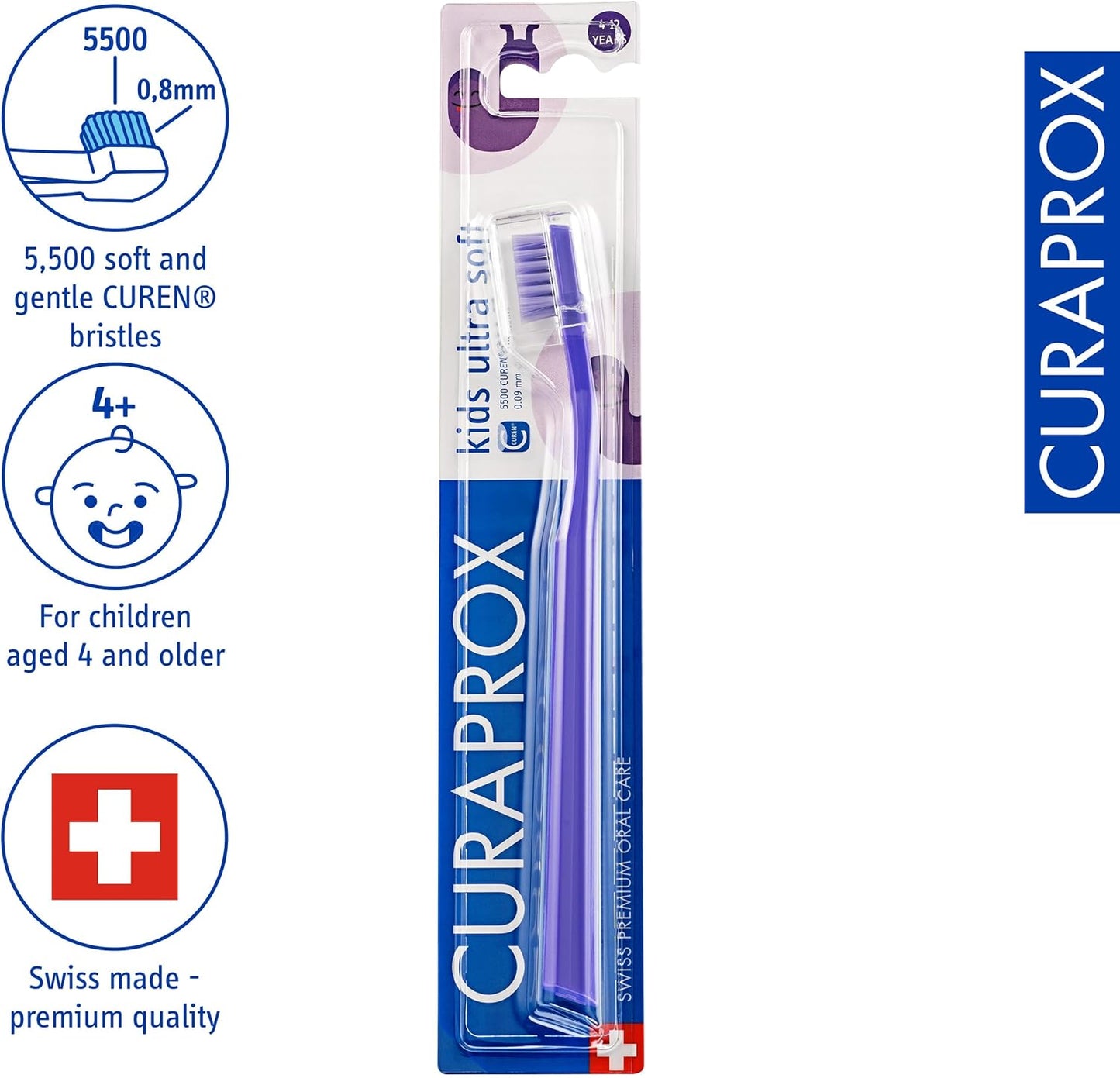 Curaprox Kids ultra soft purple toothbrush Swiss-made for daily supervised brushing for children aged 4 to 12 years