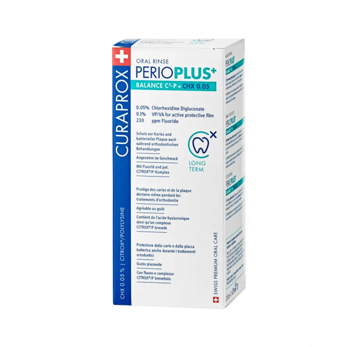 Curaprox Perio Plus Balance Mouthwash box showing fluoride and VP/VA, which helps form a protective film over the teeth, gums and oral mucosa