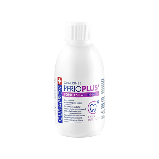 Curaprox Perio Plus Forte mouthwash 200ml 0.20 percent chlorhexidine formula designed to treat gum disease and support oral healing after dental procedures