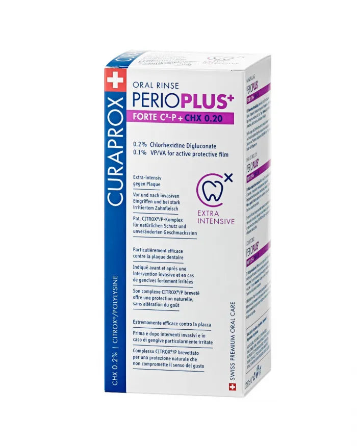 Curaprox Perio Plus Forte mouthwash with chlorhexidine citrox and antibacterial agents helping reduce oral bacteria and support gum health recovery