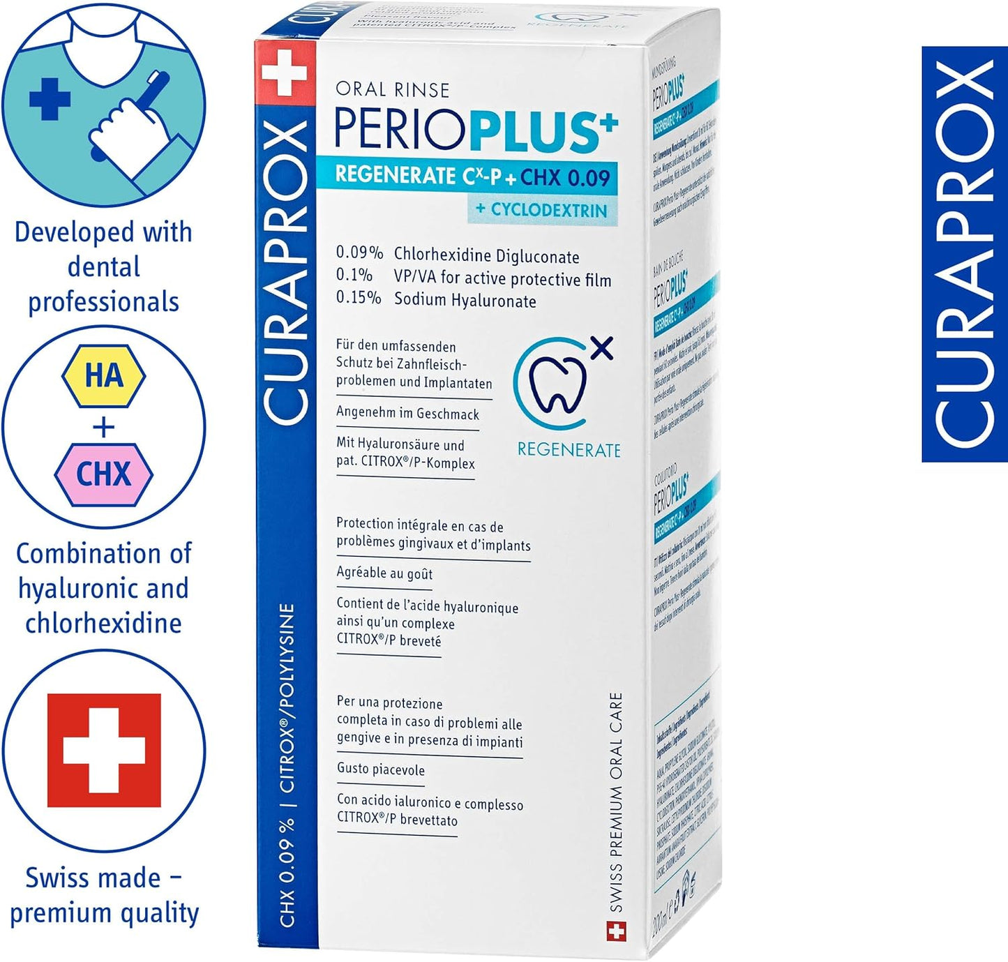 Curaprox Perio Plus mouthwash with chlorhexidine hyaluronic acid and citrox helping control bacteria promote tissue regeneration and support gum recovery