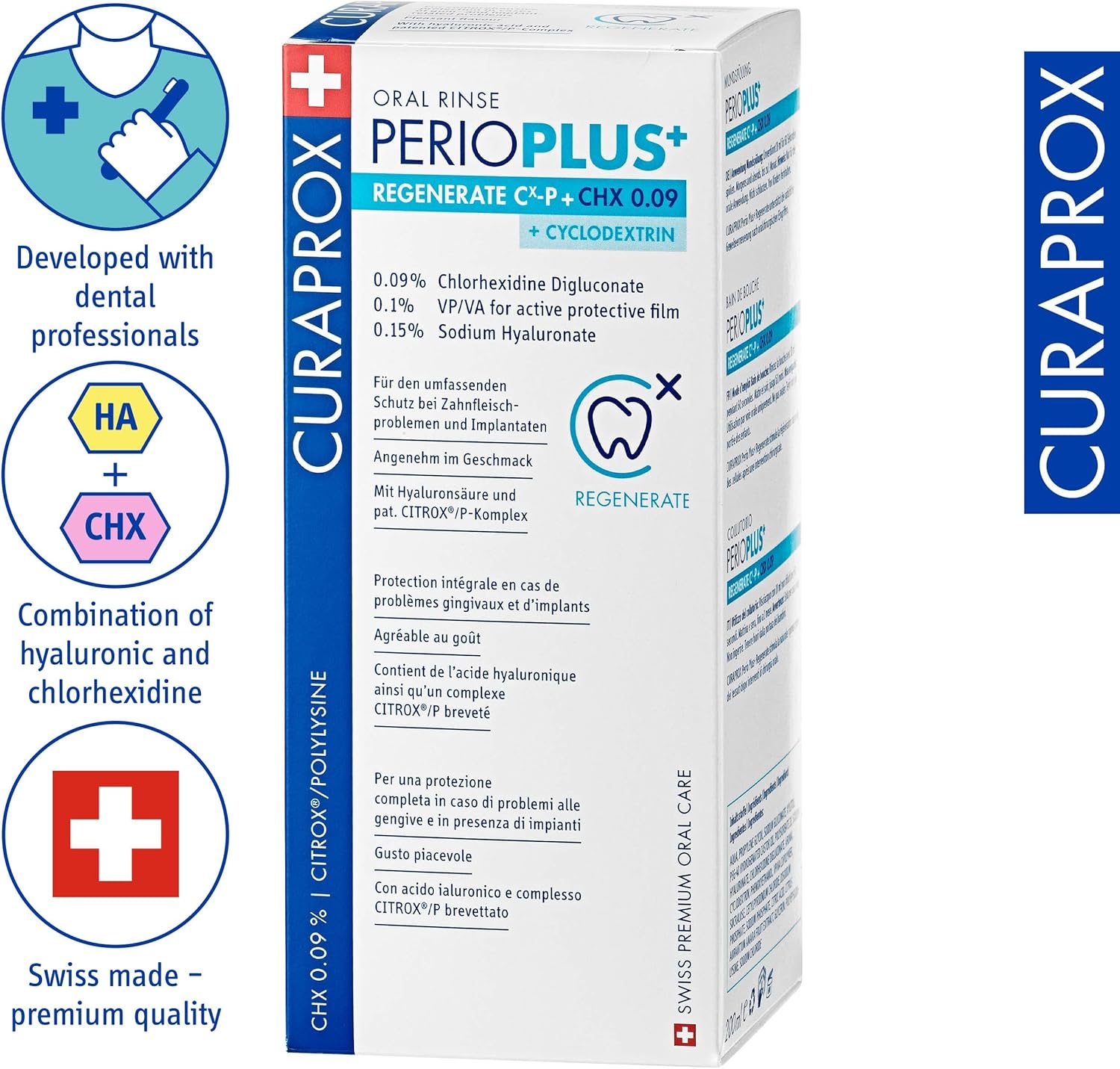 Curaprox Perio Plus mouthwash with chlorhexidine hyaluronic acid and citrox helping control bacteria promote tissue regeneration and support gum recovery