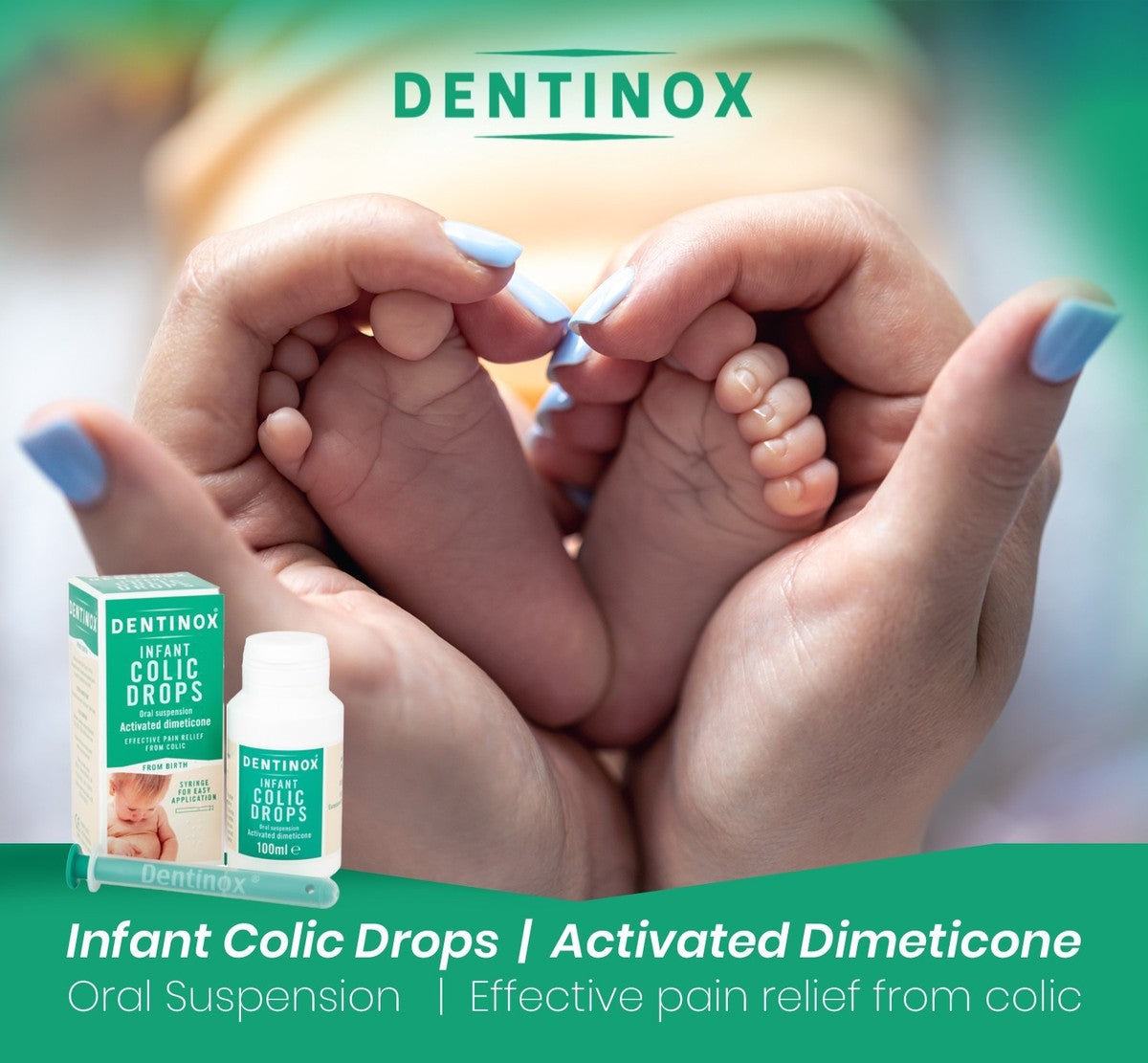 Dentinox Infant Colic Drops for newborn babies with wind or colic helps soothe tummy discomfort after feeding supporting calmer digestion and reduced crying episodes