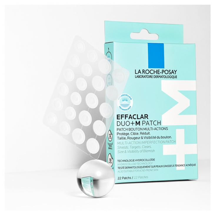 La Roche-Posay Effaclar Duo+M patches with hydrocolloid technology help reduce blemish size and redness and minimise post-acne marks
