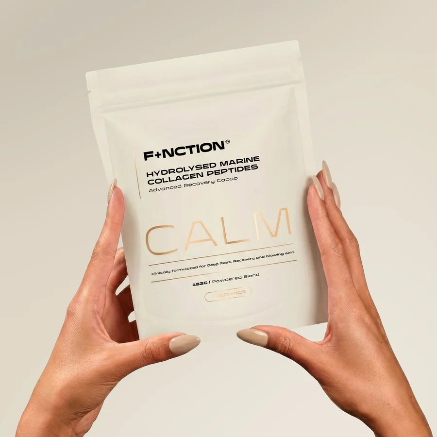 F+NCTION Calm 7 servings for adults seeking evening nutritional support mixed as one scoop of adaptogenic cacao powder in hot water daily