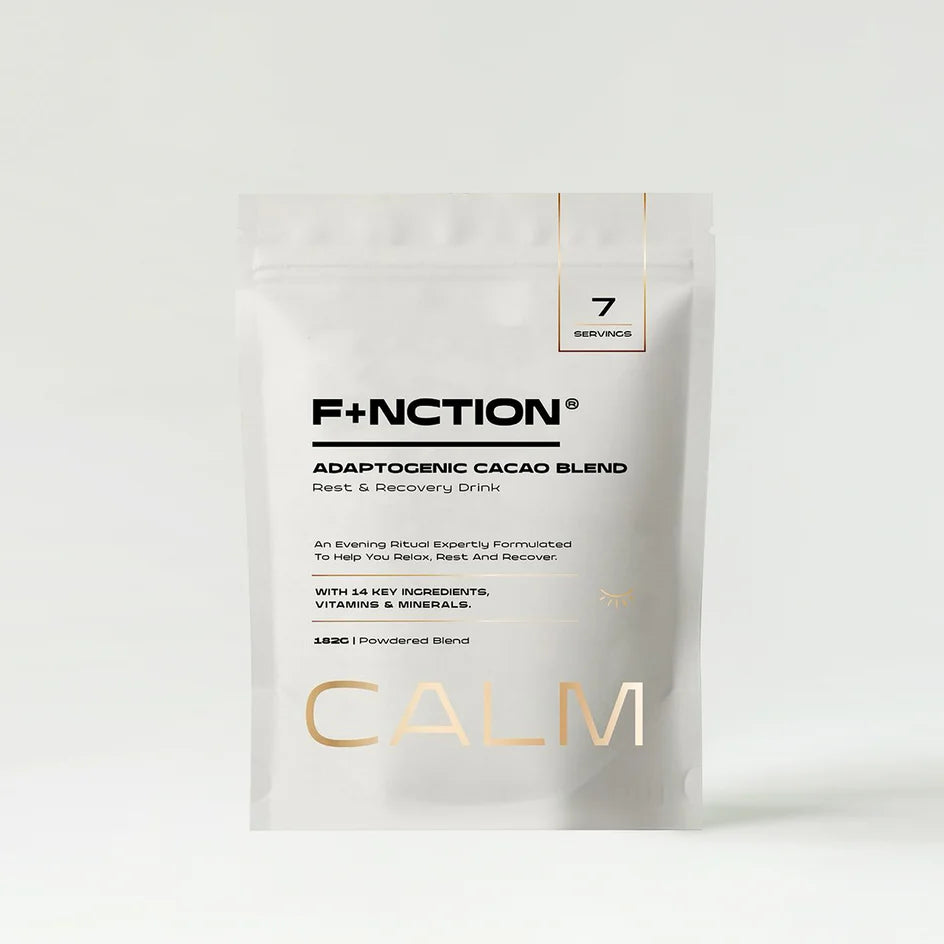 F+NCTION Calm 7 servings 182g adaptogenic cacao blend rest and recovery drink with 14 key ingredients vitamins and minerals in white and gold pouch