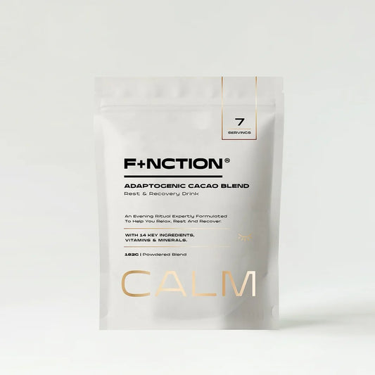 F+NCTION Calm 7 servings 182g adaptogenic cacao blend rest and recovery drink with 14 key ingredients vitamins and minerals in white and gold pouch