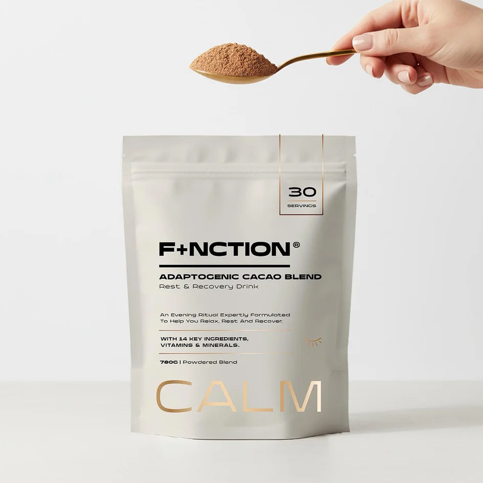 F+NCTION Calm for adults seeking evening nutritional support mixed as one scoop of cacao powder in hot water daily as part of an evening routine