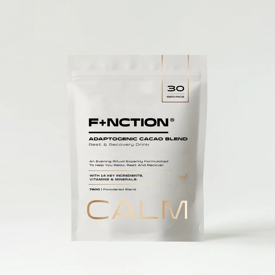 F+NCTION Calm 30 servings 780g adaptogenic cacao blend and rest and recovery drink powder in white and gold resealable pouch