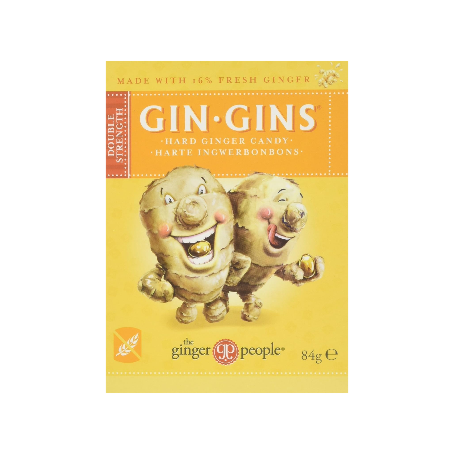 Ginger People GIN GINS Hard Ginger Candy 84g, double-strength with 16% fresh ginger, vegan and gluten-free natural sweet for throat and nausea support