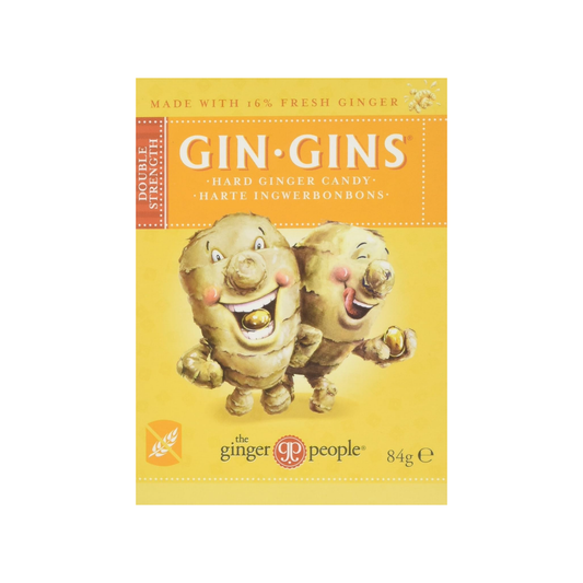 Ginger People GIN GINS Hard Ginger Candy 84g, double-strength with 16% fresh ginger, vegan and gluten-free natural sweet for throat and nausea support