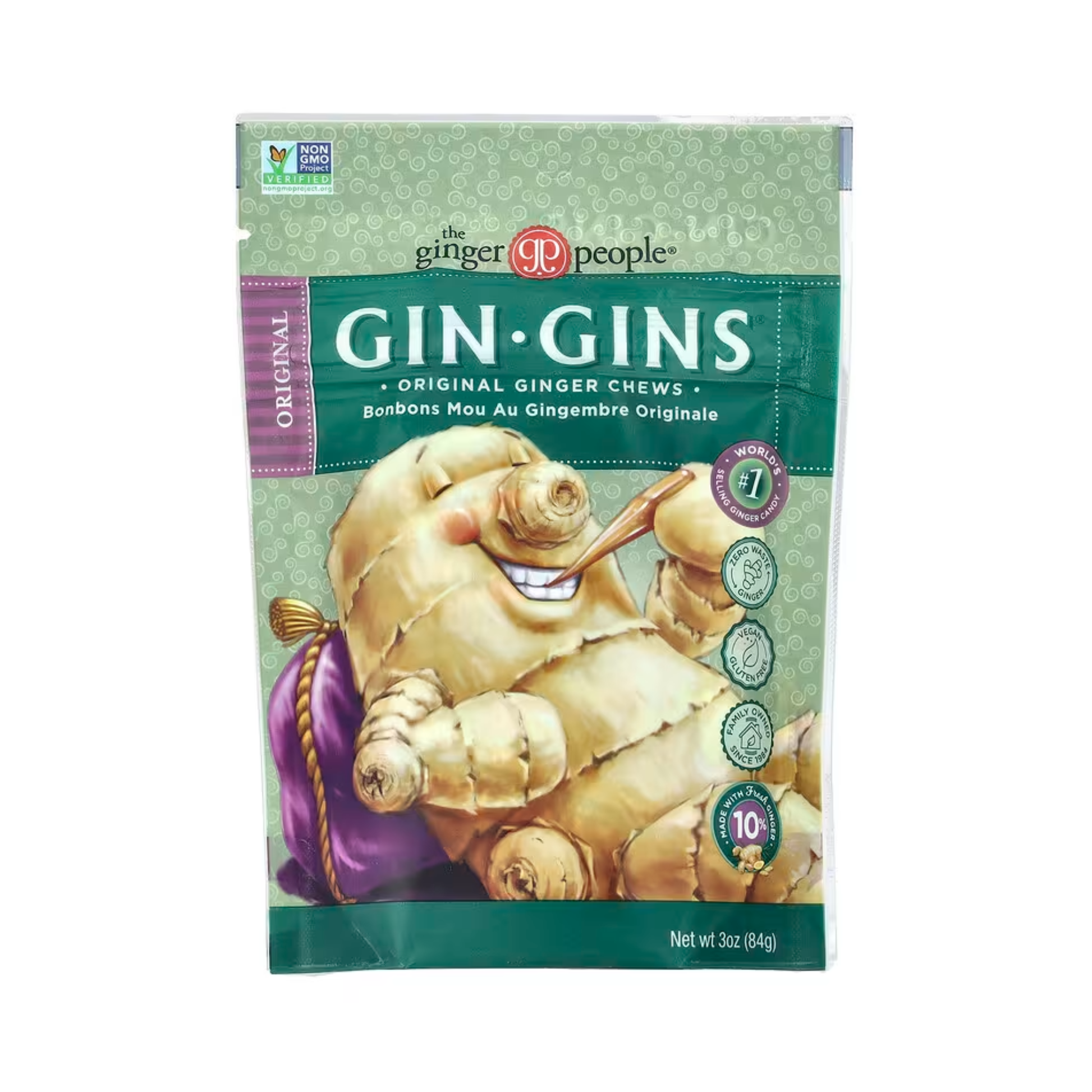 Ginger People Gin Gins Original Chewy Ginger Candy 150g bag made with 10% fresh ginger, vegan and gluten free