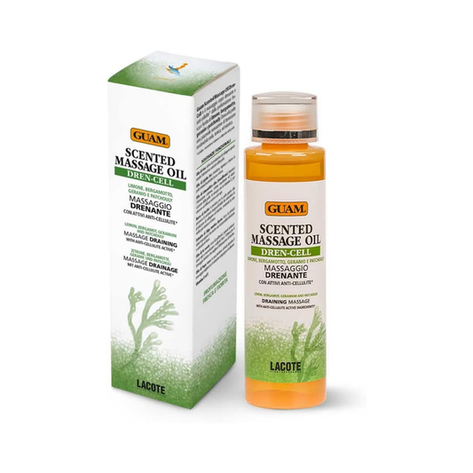 Guam Scented Massage Oil Dren-Cell Body Oil 150ml brings lemon, bergamot, geranium and patchouli to a fragrant body massage at home.