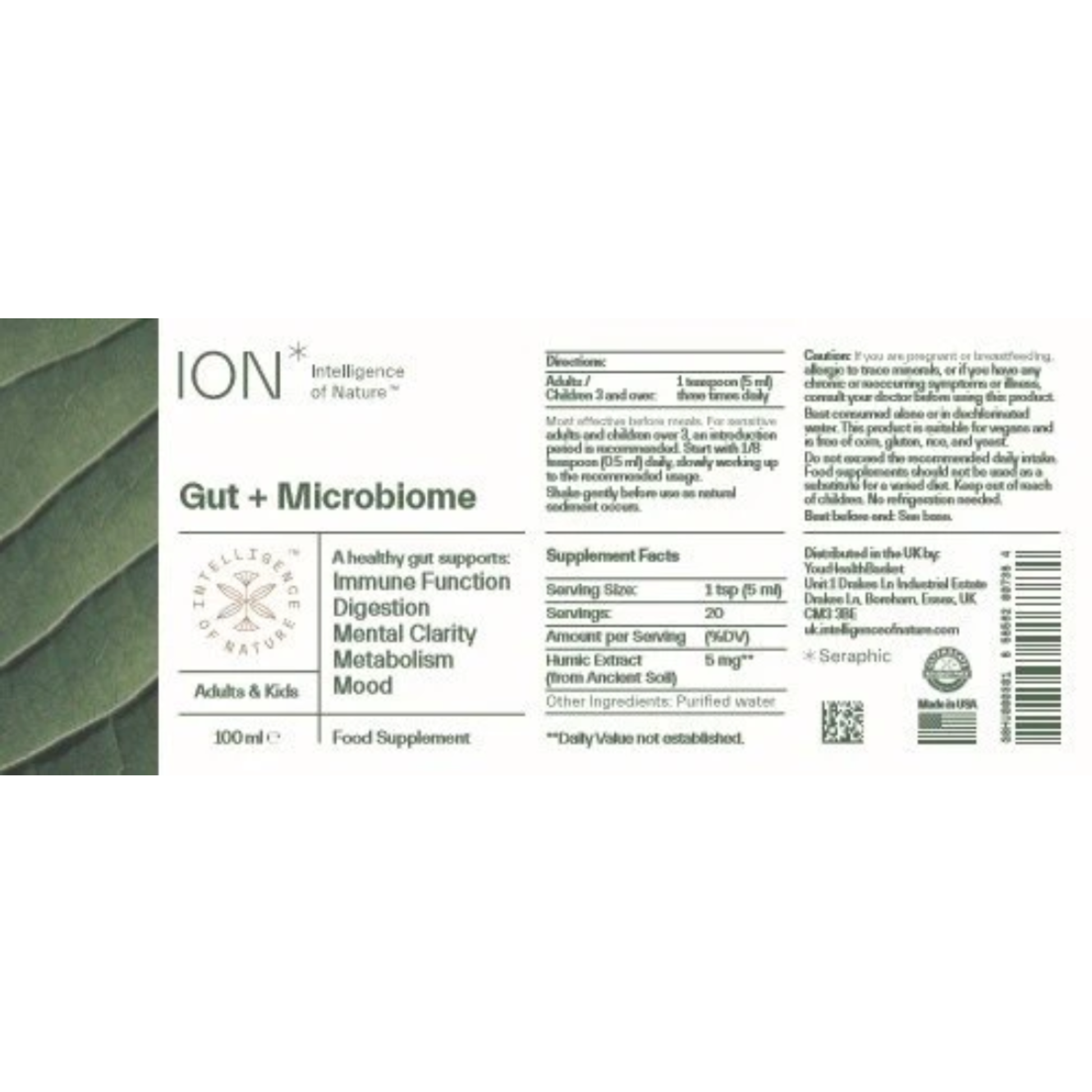 ION Gut + Microbiome with Terrahydrite aqueous humic substances delivering 150mg per 5ml serving for daily digestive support