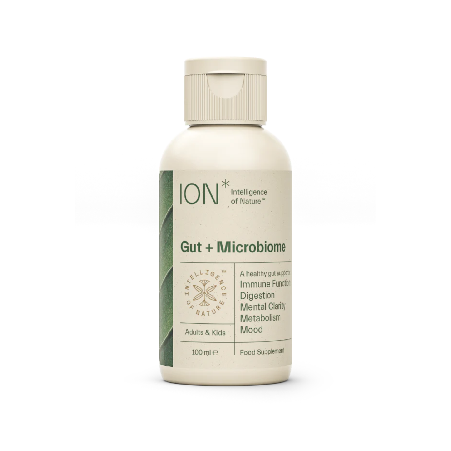 ION Gut + Microbiome 100ml liquid supplement with Terrahydrite supporting gut microbiome health in a convenient smaller size