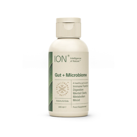 ION Gut + Microbiome 100ml liquid supplement with Terrahydrite supporting gut microbiome health in a convenient smaller size