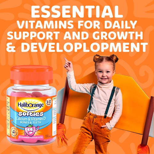 Haliborange Kids Vitamin D & Calcium Softies 30 Strawberry Shapes Bone & Teeth Support Supplement