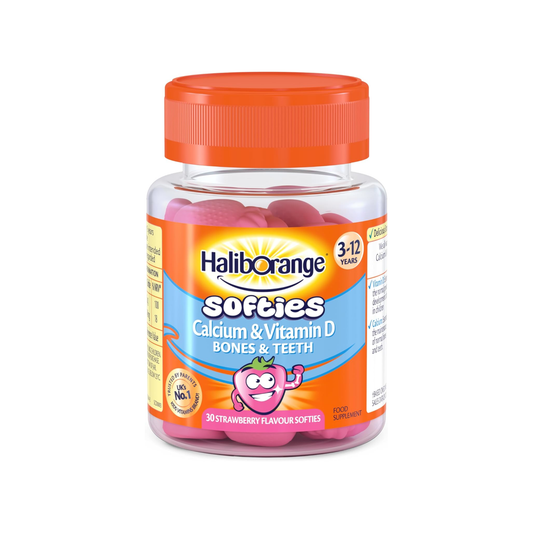 Haliborange Kids Vitamin D Calcium Softies 30 strawberry shapes chewable gummies for children supporting bone and teeth health in a tasty daily supplement