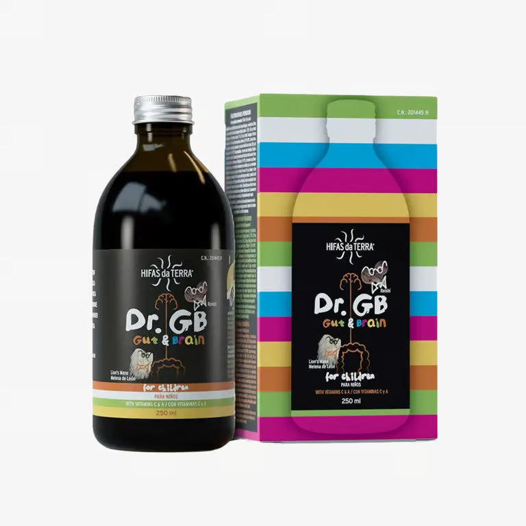 Hifas da Terra Dr. GB Gut & Brain 250ml bottle and box with vitamins C and A to support normal immune function in children.