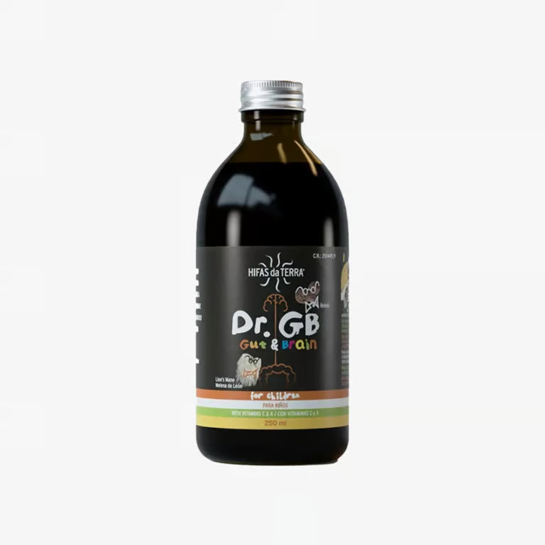 Hifas da Terra Dr. GB Gut & Brain bottle with vitamin A to help maintain normal skin and vision as part of children's nutrition.