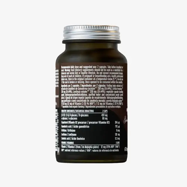 Hifas da Terra Mico-Mix with 165mg each of organic Ganoderma lucidum, Grifola frondosa and Lentinula edodes helping to support everyday immune balance