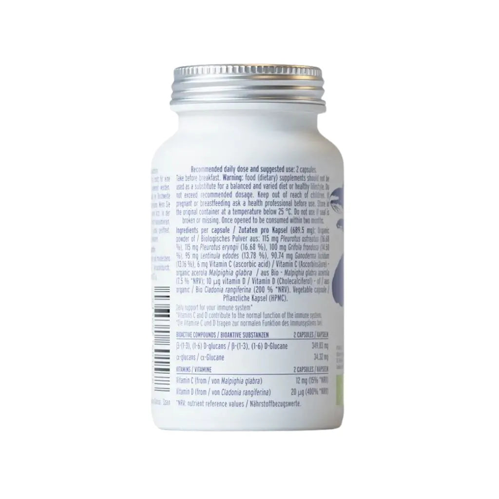 Hifas da Terra Bio-Defense with reishi, maitake, shiitake, oyster and king oyster mushroom powders rich in beta-glucans helping to strengthen immune defence and gut health