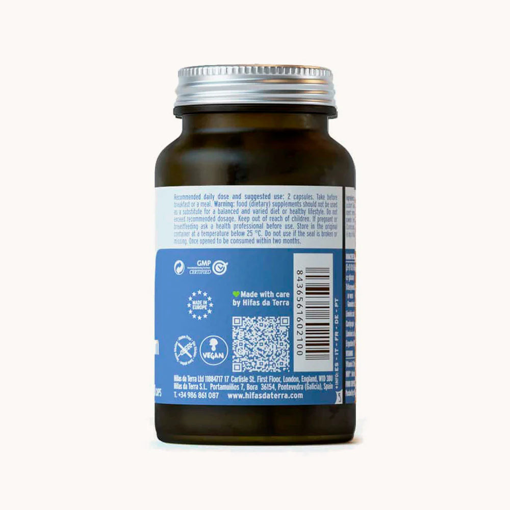 Hifas da Terra Hifas-Equilibrium ingredients per capsule showing Ganozumib Reishi 225mg Herimax Lion's Mane 90mg Cordyzumib Cordyceps 45mg and acerola 35mg