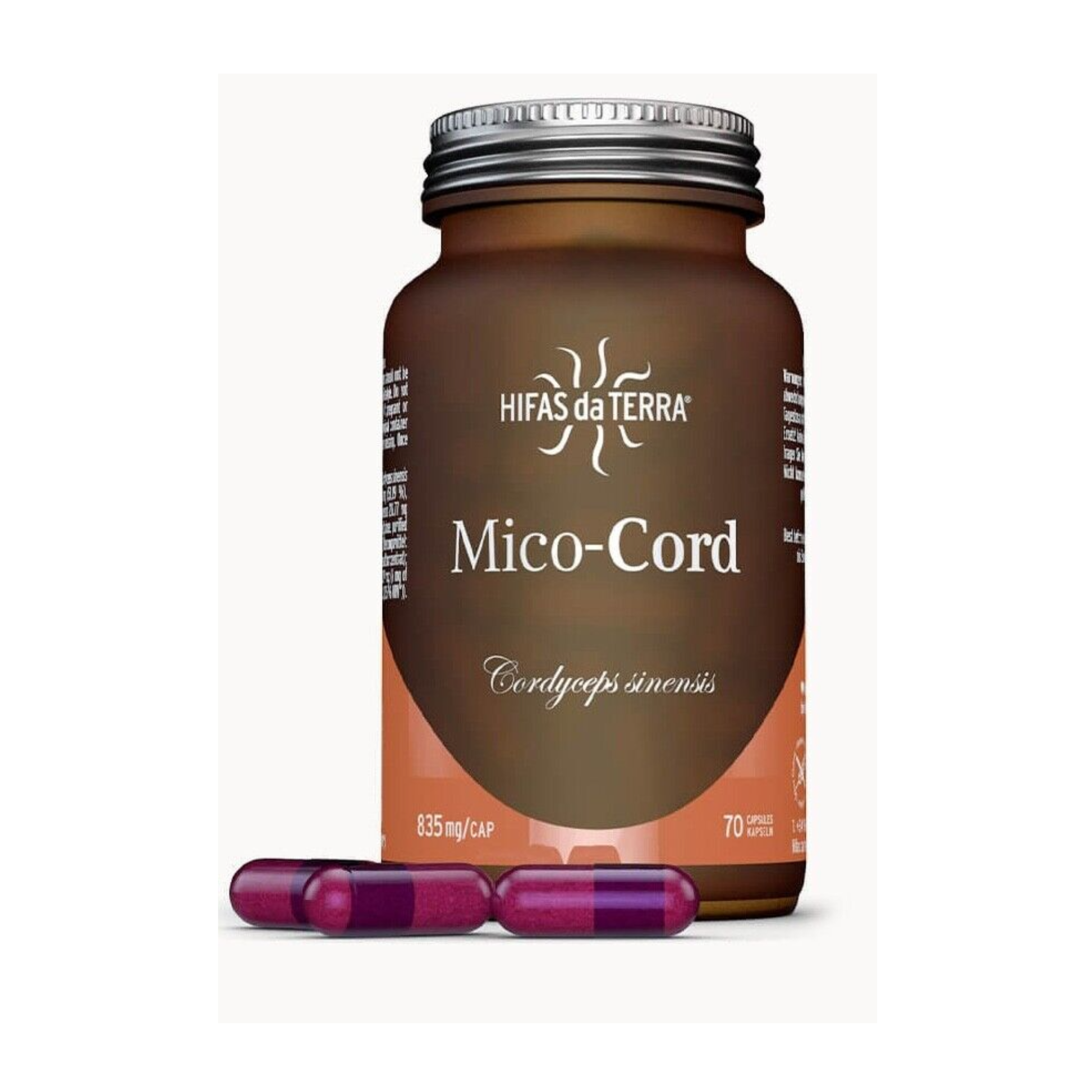 Hifas da Terra Mico-Cord 70 vegetable capsules 835mg per capsule with Cordyceps sinensis extract and vitamin C from acerola in glass packaging