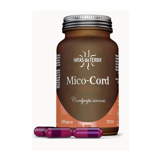 Hifas da Terra Mico-Cord 70 vegetable capsules 835mg per capsule with Cordyceps sinensis extract and vitamin C from acerola in glass packaging