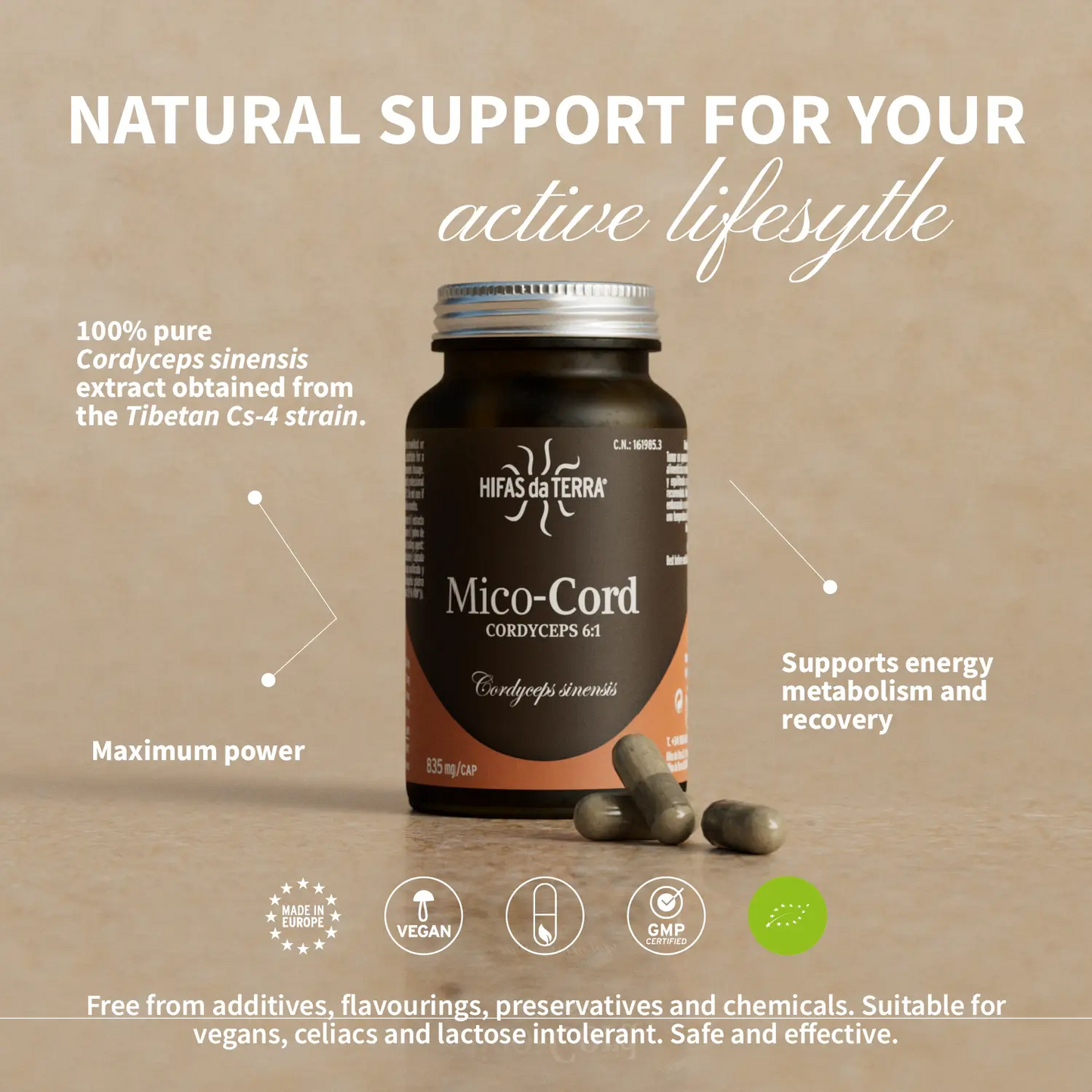 Hifas da Terra Mico-Cord with Cordyzumib Cordyceps sinensis extract Cs-4 mycelium powder and acerola providing 51.09% polysaccharides per capsule