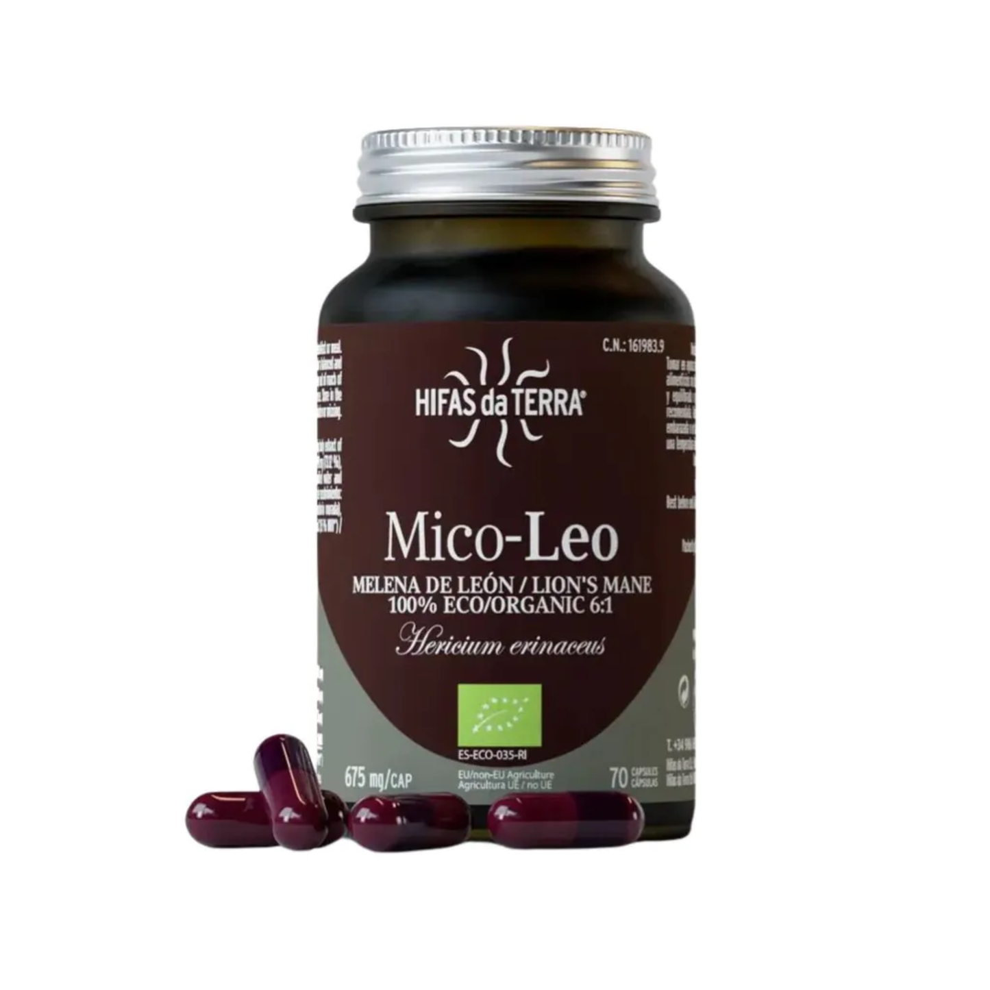 Hifas da Terra Mico-Leo 70 capsules with organic Lion's Mane extract 495mg per capsule for cognitive and digestive gut-brain axis support