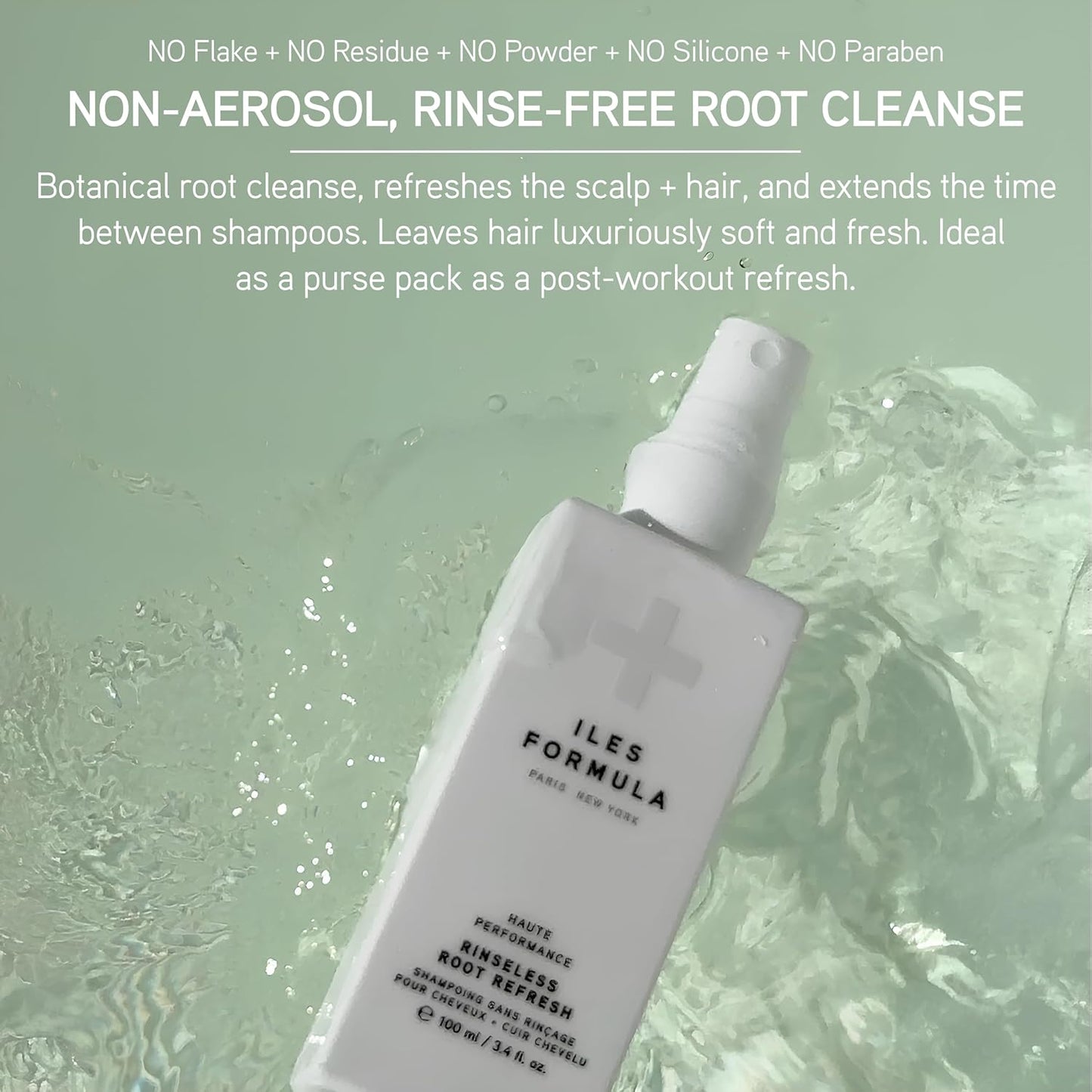 Iles Formula Rinseless Root Refresh with Provitamin B5 and corn starch to absorb oil and refresh roots without residue