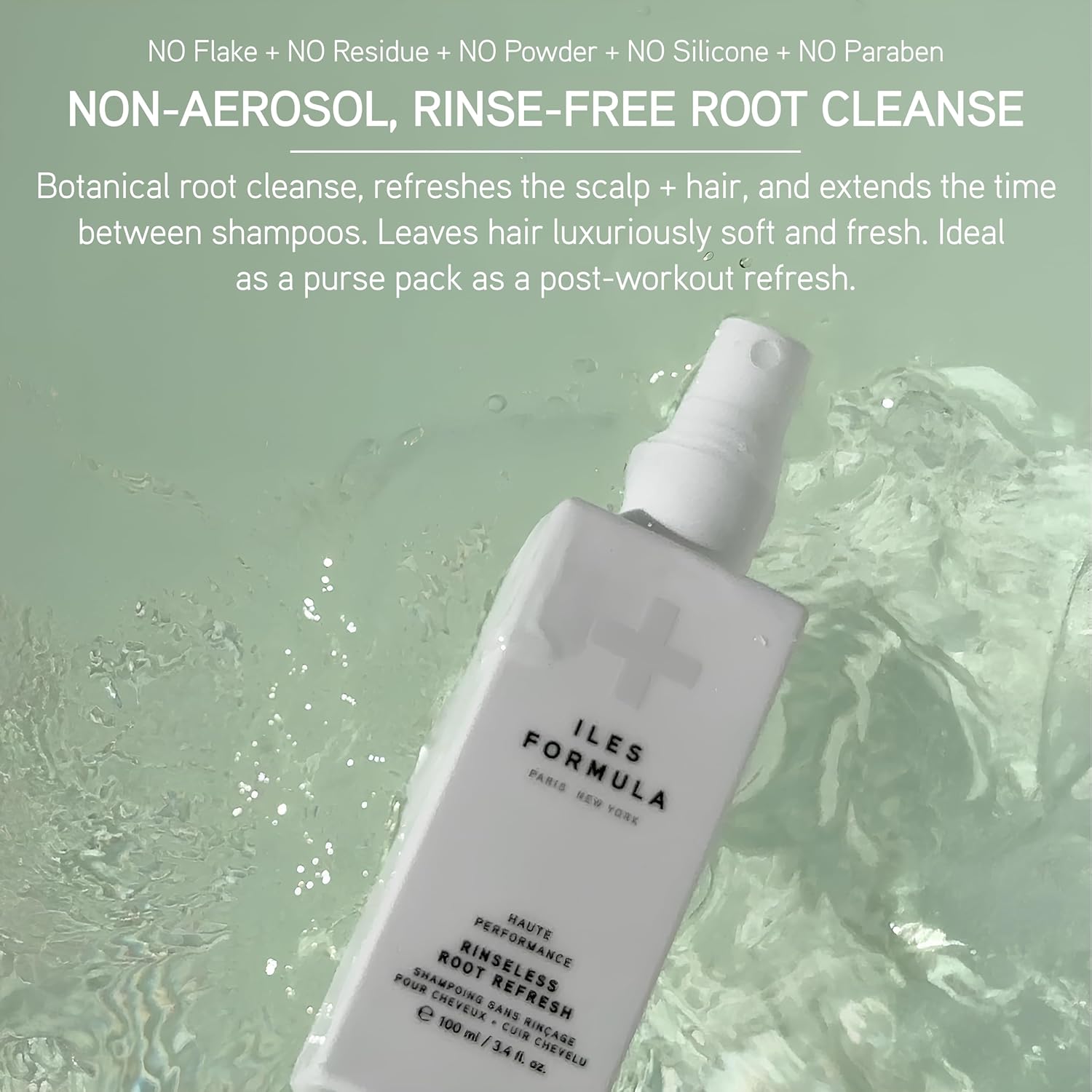 Iles Formula Rinseless Root Refresh with Provitamin B5 and corn starch to absorb oil and refresh roots without residue