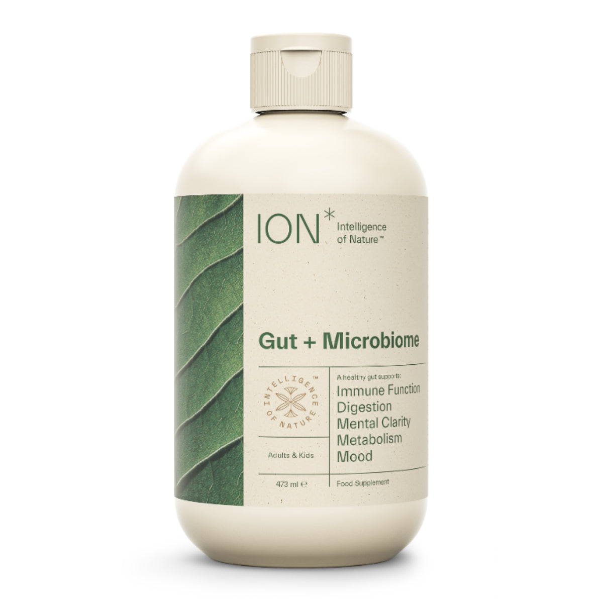 ION Gut + Microbiome 473ml liquid daily supplement with Terrahydrite aqueous humic substances 150mg per serving 94 servings per bottle
