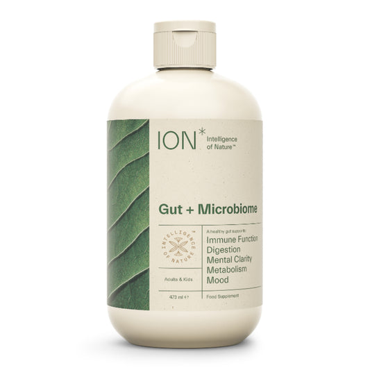ION Gut + Microbiome 473ml liquid daily supplement with Terrahydrite aqueous humic substances 150mg per serving 94 servings per bottle