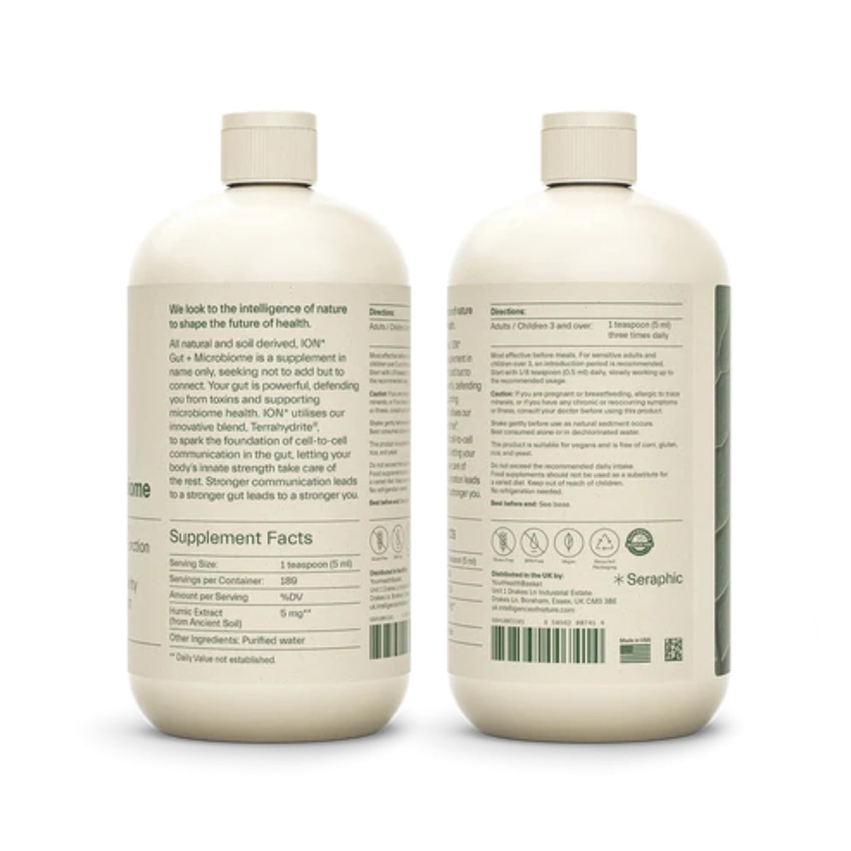 ION Gut + Microbiome for adults take one teaspoon three times daily before meals gut microbiome support liquid supplement