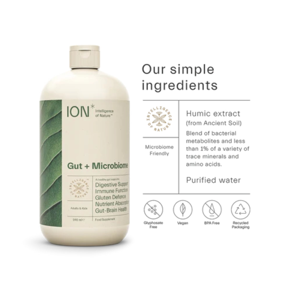 ION Gut + Microbiome supplement facts showing Terrahydrite aqueous humic substances per 5ml serving purified water and mineral amino acid complexes