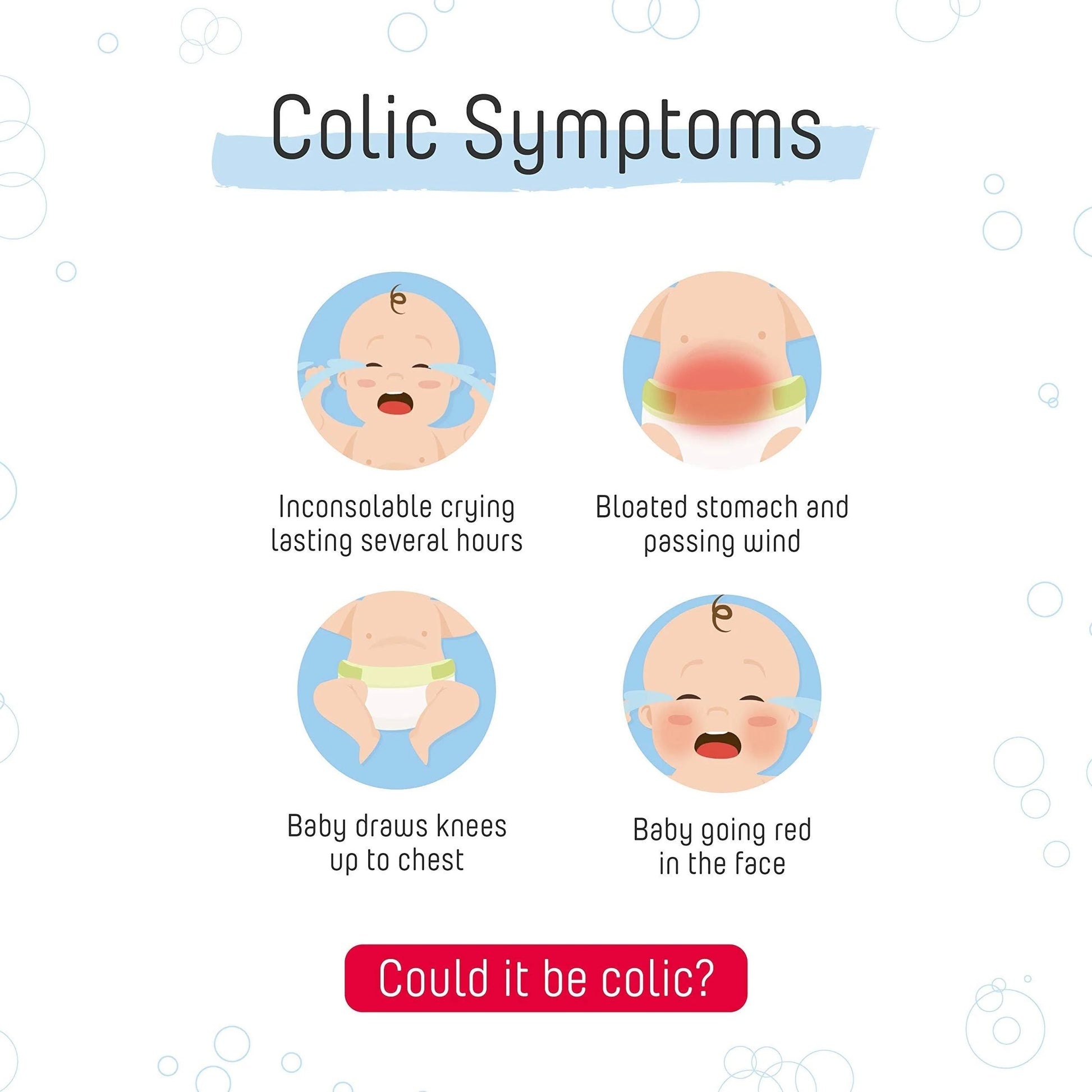 Infacol Colic Relief Drops simeticone oral suspension works by combining gas bubbles into larger ones, making it easier for babies to release wind and reduce discomfort