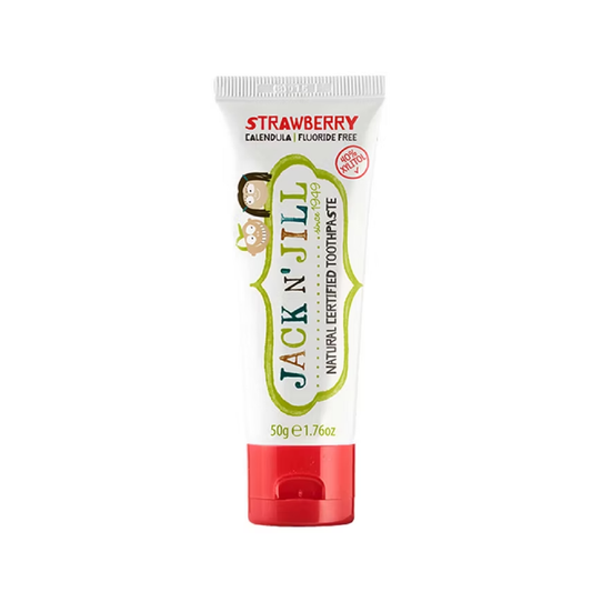 Jack N Jill strawberry natural toothpaste 50ml fluoride free formula designed for babies and toddlers to gently clean first teeth from 6 months