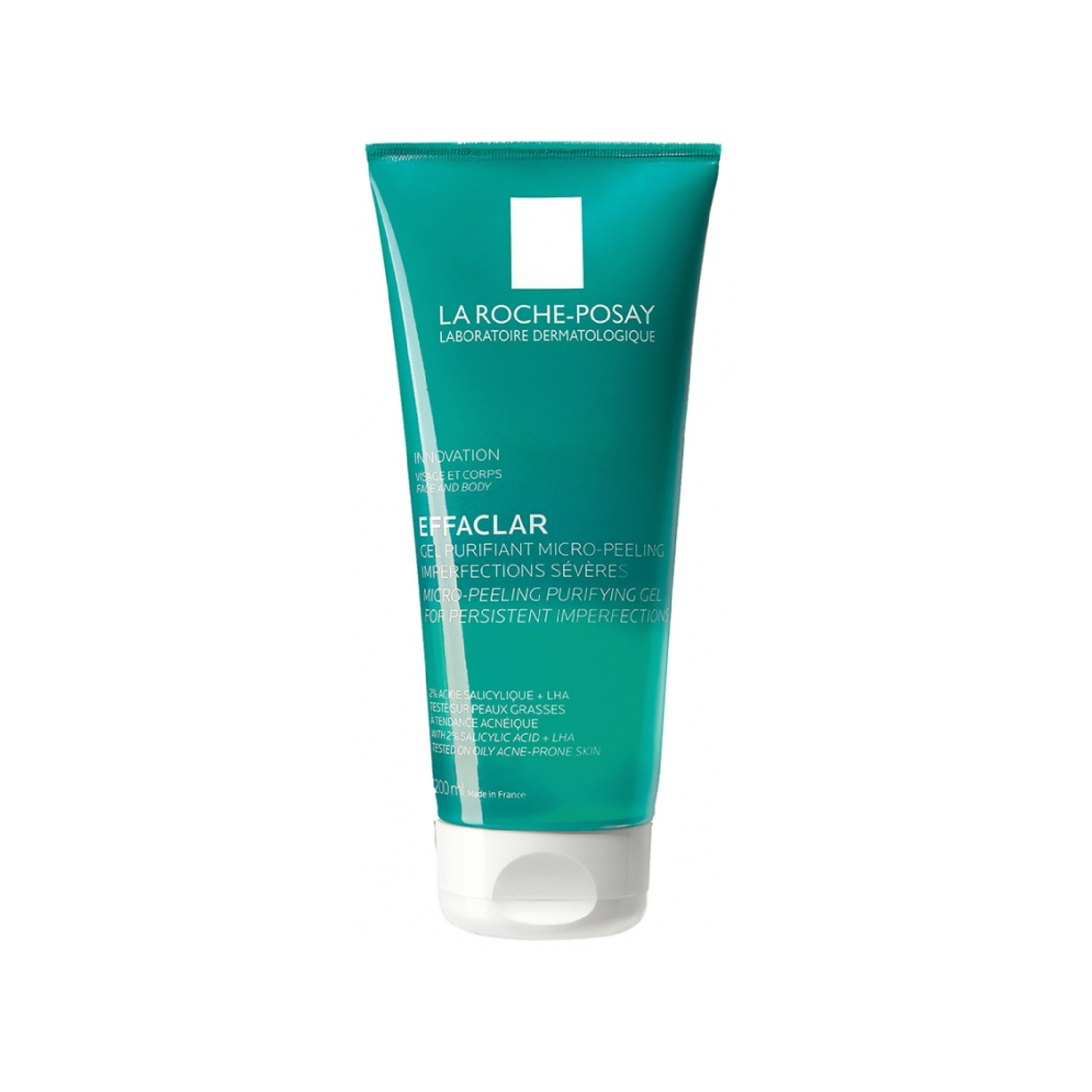 La Roche-Posay Effaclar Purifying Micro-Peeling Gel 200ml with salicylic acid and LHA to unclog pores and reduce blemishes on face and body