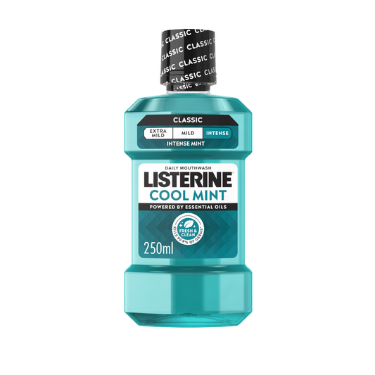 Listerine Cool Mint mouthwash 250ml bottle designed to remove bacteria fight plaque and deliver long lasting fresh breath for daily oral hygiene care