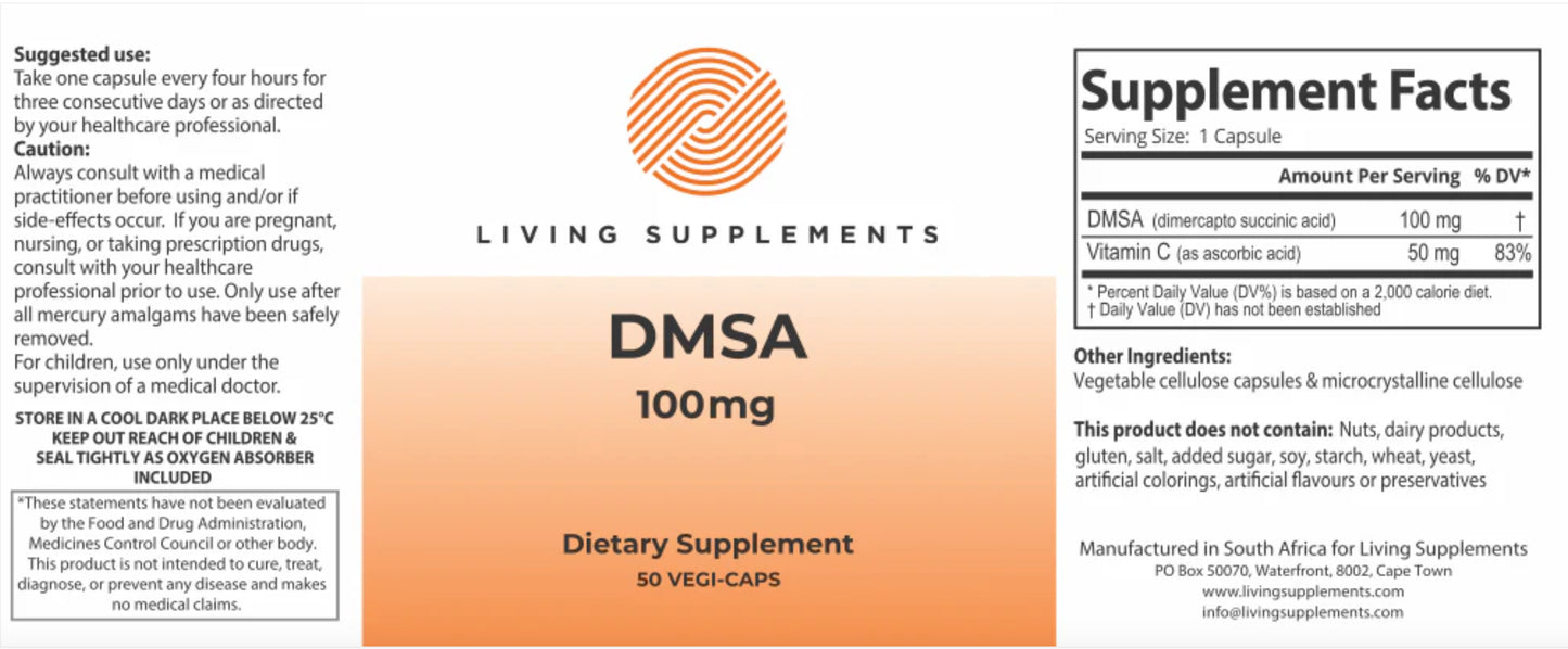Living Supplements DMSA dimercaptosuccinic acid 100mg and ascorbic acid 50mg vegetable cellulose capsule no additives