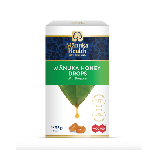 Manuka Health MGO 400+ Manuka Honey Drops with Propolis 65g pack front view