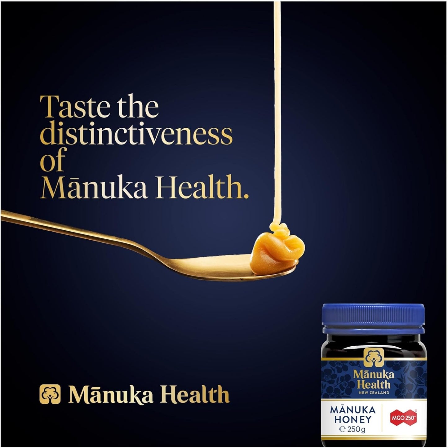 Manuka Health MGO 250+ label showing certified methylglyoxal content and New Zealand quality assurance