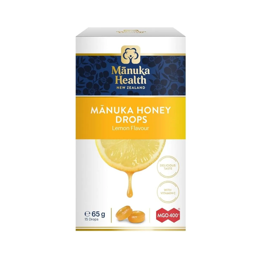 Manuka Health MGO 400+ Manuka Honey Drops with Lemon 65g pack front view