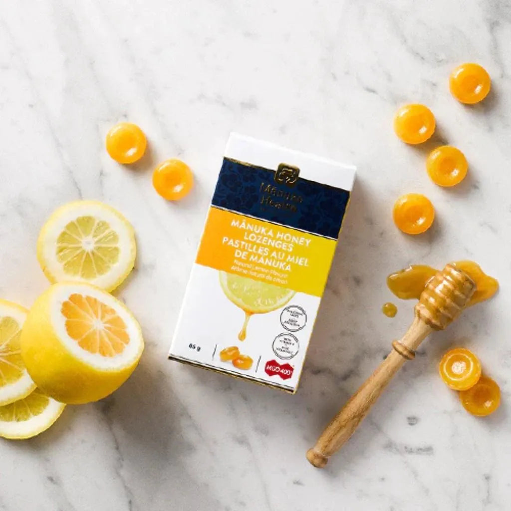 Manuka Health lemon honey drops with MGO 400+ label and ingredient detail